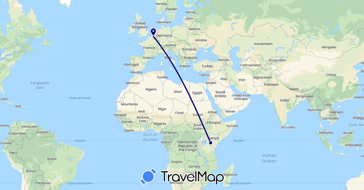 TravelMap itinerary: driving in Belgium, Kenya (Africa, Europe)